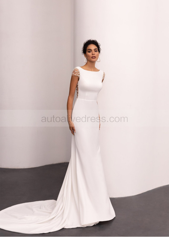 Pearls Beaded Ivory Satin Open Back Graceful Wedding Dress